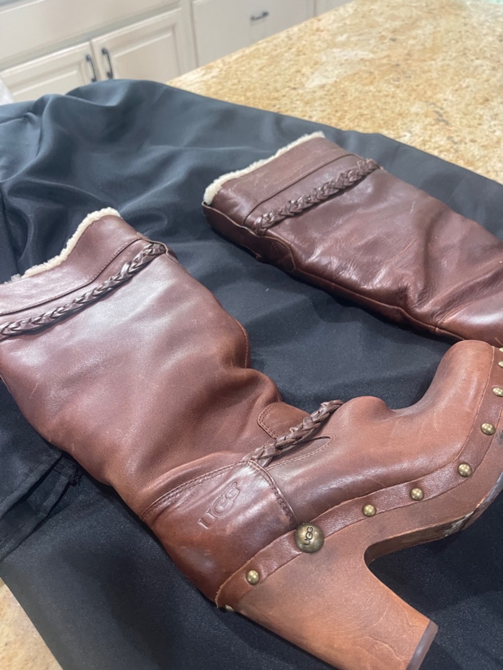 UGG Brown Leather Shearling-Lined Heeled Knee Boots
